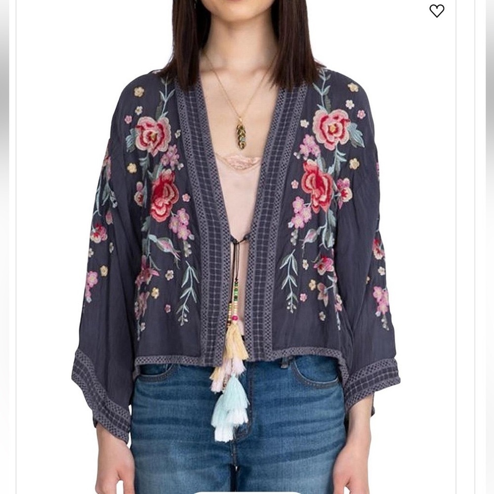 Johnny Was 100%RayonFloralEmbroidered Kimono in Navy/Pink S Medium retail $509